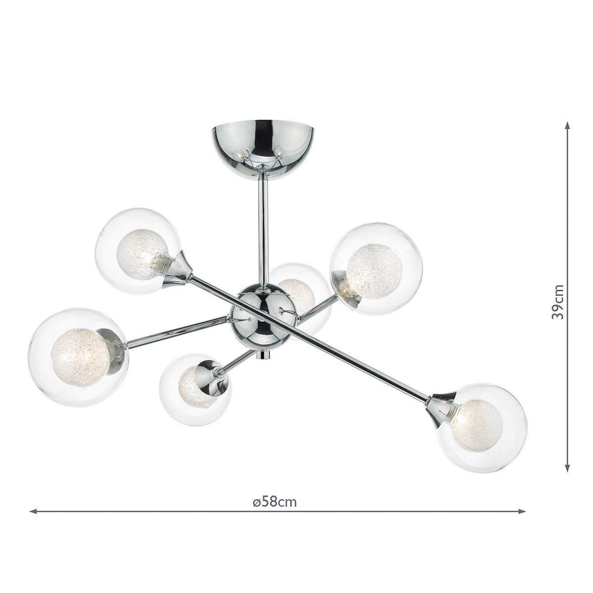 Chrome ceiling light with six clear glass globe shades, each containing a textured bulb. Dimensions are 39cm high and 58cm wide.