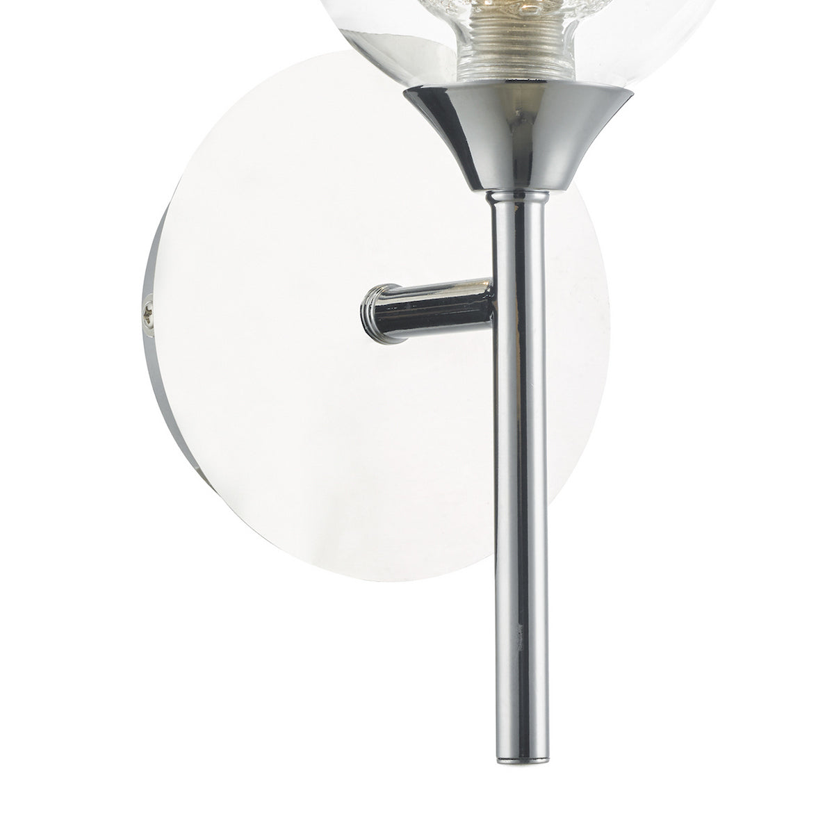 Chrome wall sconce with a clear glass globe shade and exposed bulb on a white background.