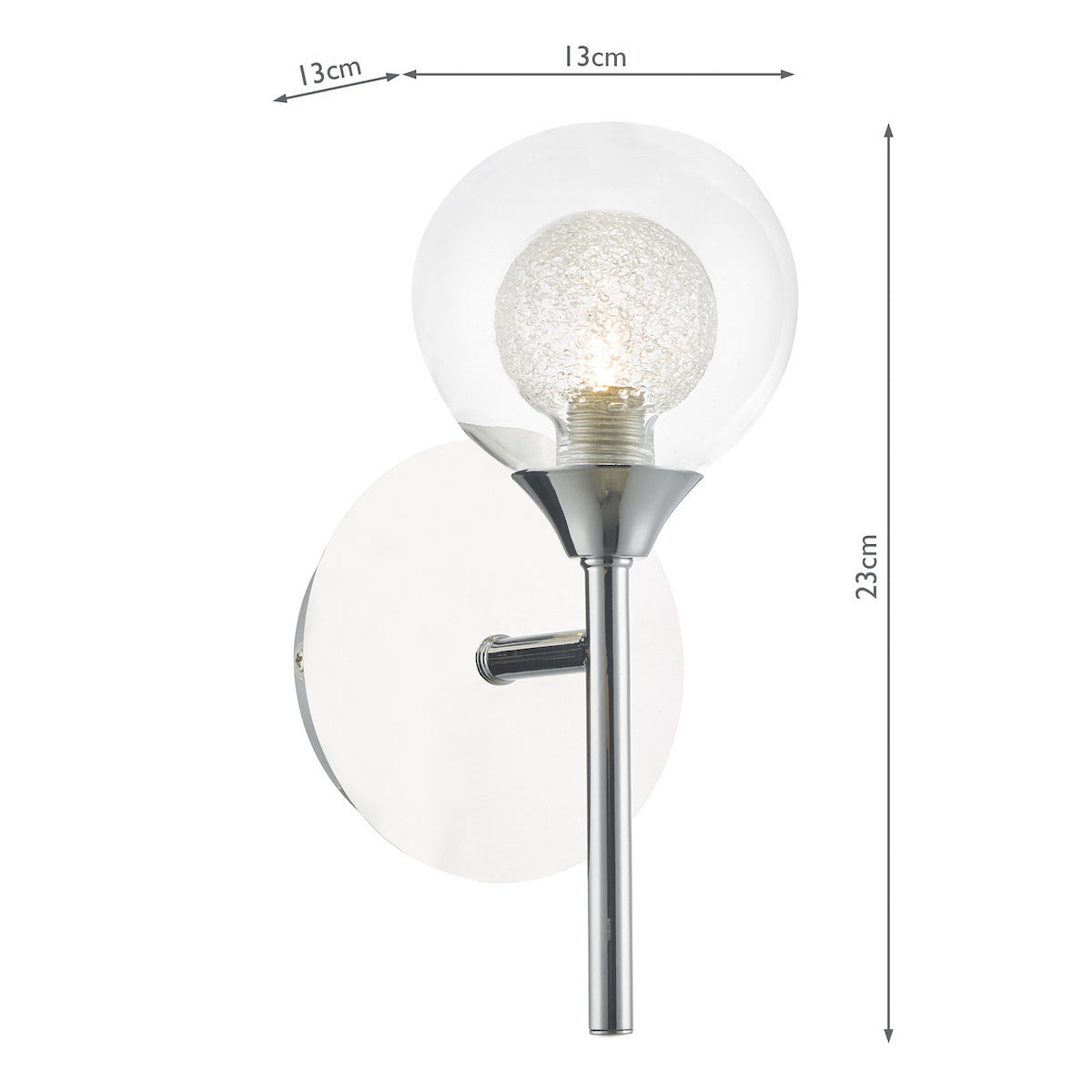 Modern chrome wall light with a clear glass globe shade and a textured bulb.