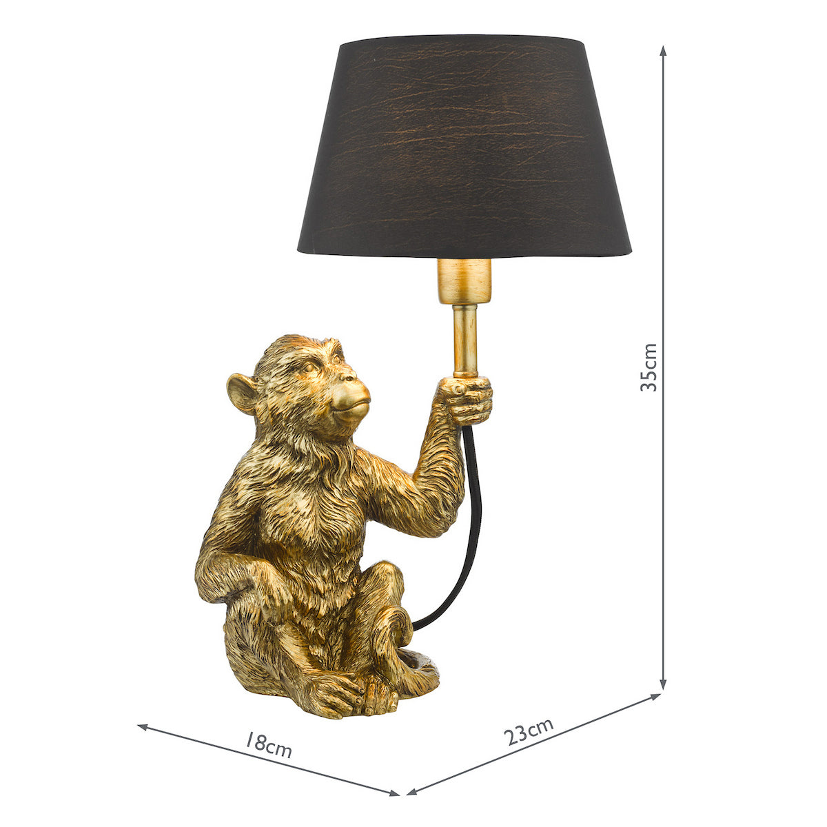 Golden monkey table lamp with a black shade, showing dimensions of 35cm high, 23cm deep, and 18cm wide.