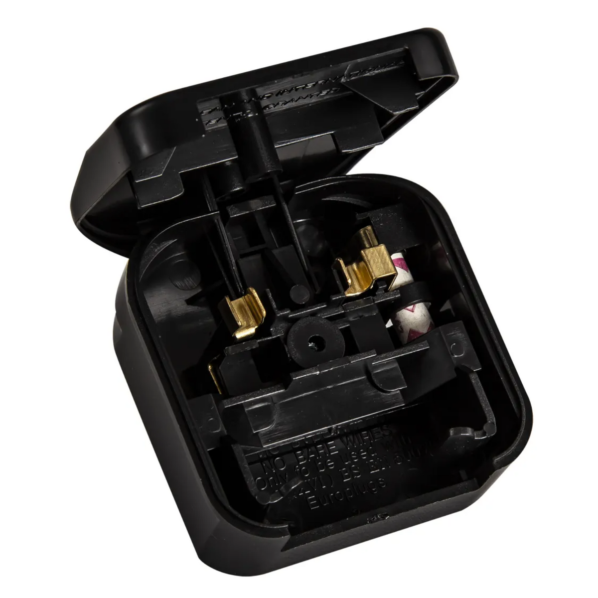 Black electrical plug adapter with the top cover open, revealing internal wiring and fuse