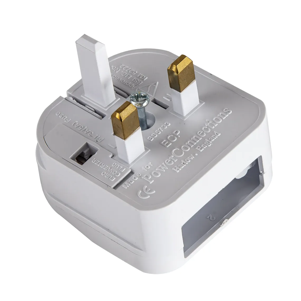 White power adapter with three prongs, two brass and one white, on a white background