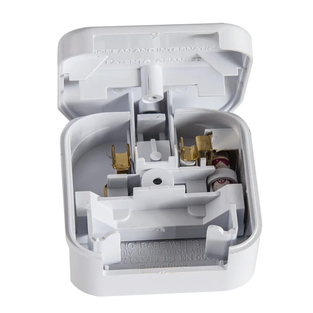 Open white electrical plug with internal wiring and fuse visible