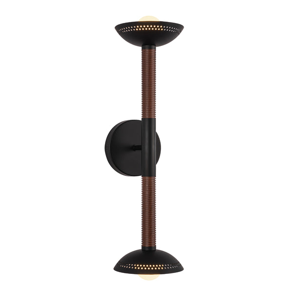 Arden Twin Arm LED Wall Sconce in Matte Black with Walnut Wood Veneer and Opal Glass