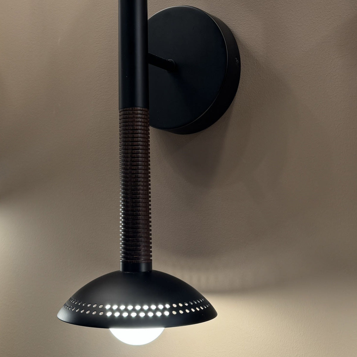 Arden Twin Arm LED Wall Sconce in Matte Black with Walnut Wood Veneer and Opal Glass