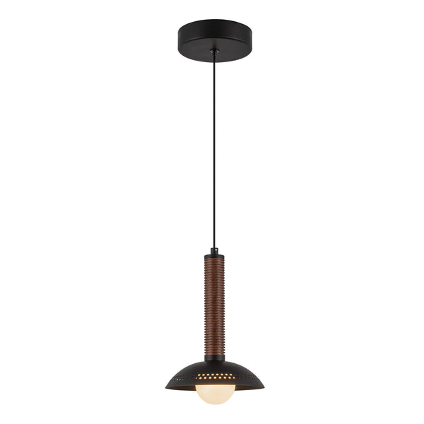 Arden Single Drop LED Pendant in Matte Black with Walnut Wood Veneer and Opal Glass