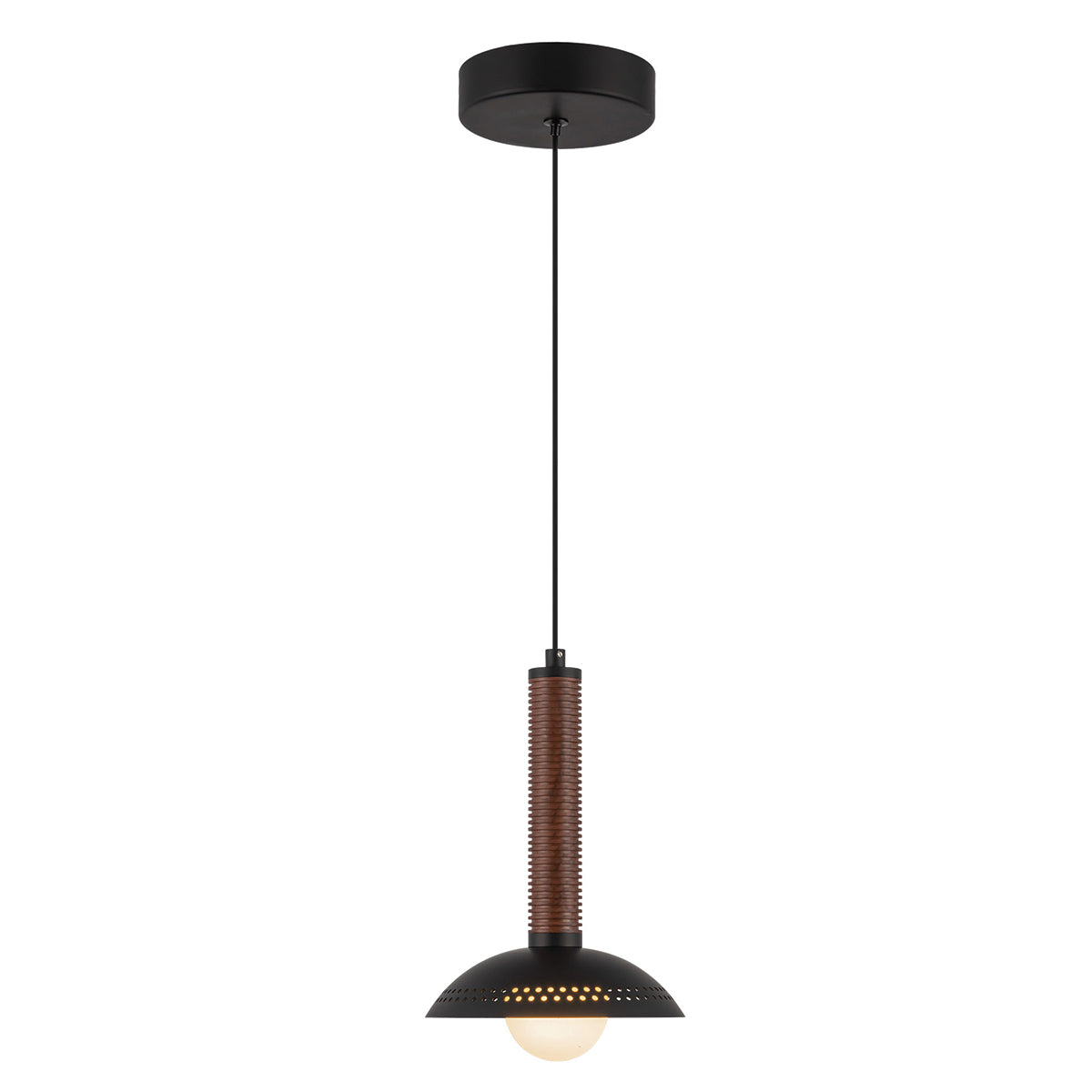 Arden Single Drop LED Pendant in Matte Black with Walnut Wood Veneer and Opal Glass