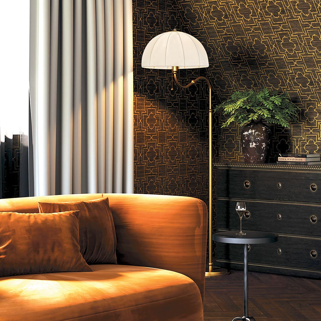 Crosby Floor Lamp in Brushed Gold and Satin Cream Spandex Fabric Shade