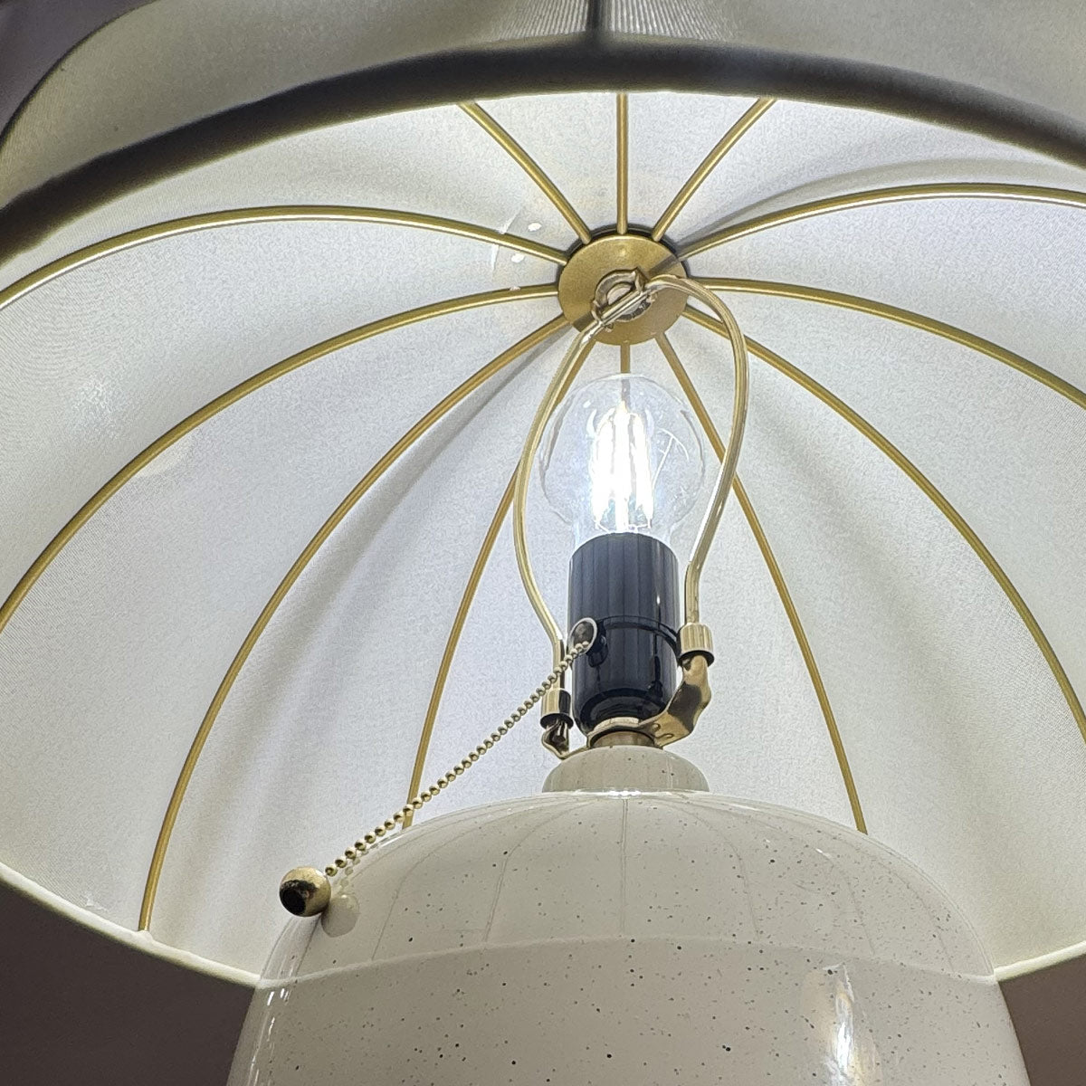 Crosby Table Lamp in Satin Cream with Brushed Gold Accents and Spandex Fabric Shade