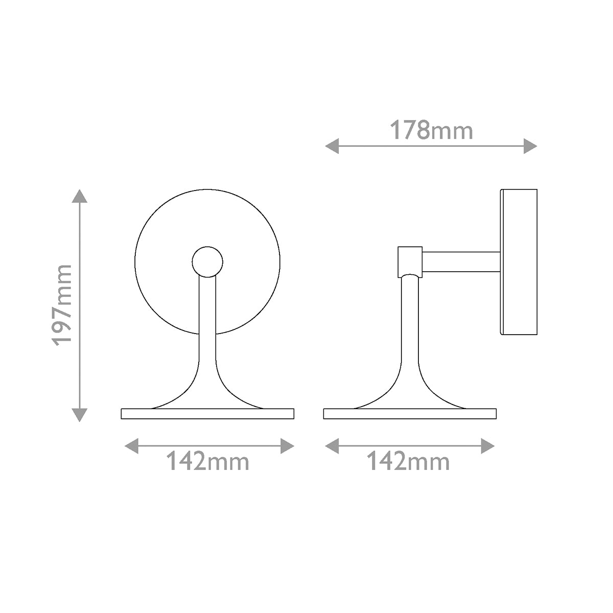 Technical line drawing of Alora Mood Issa IP44 LED wall light with dimensions