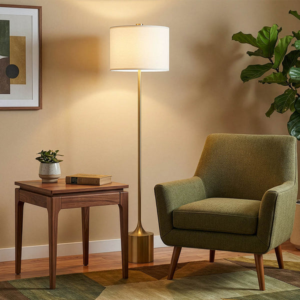 Issa Floor Lamp in Brushed Gold with Ivory Linen Shade