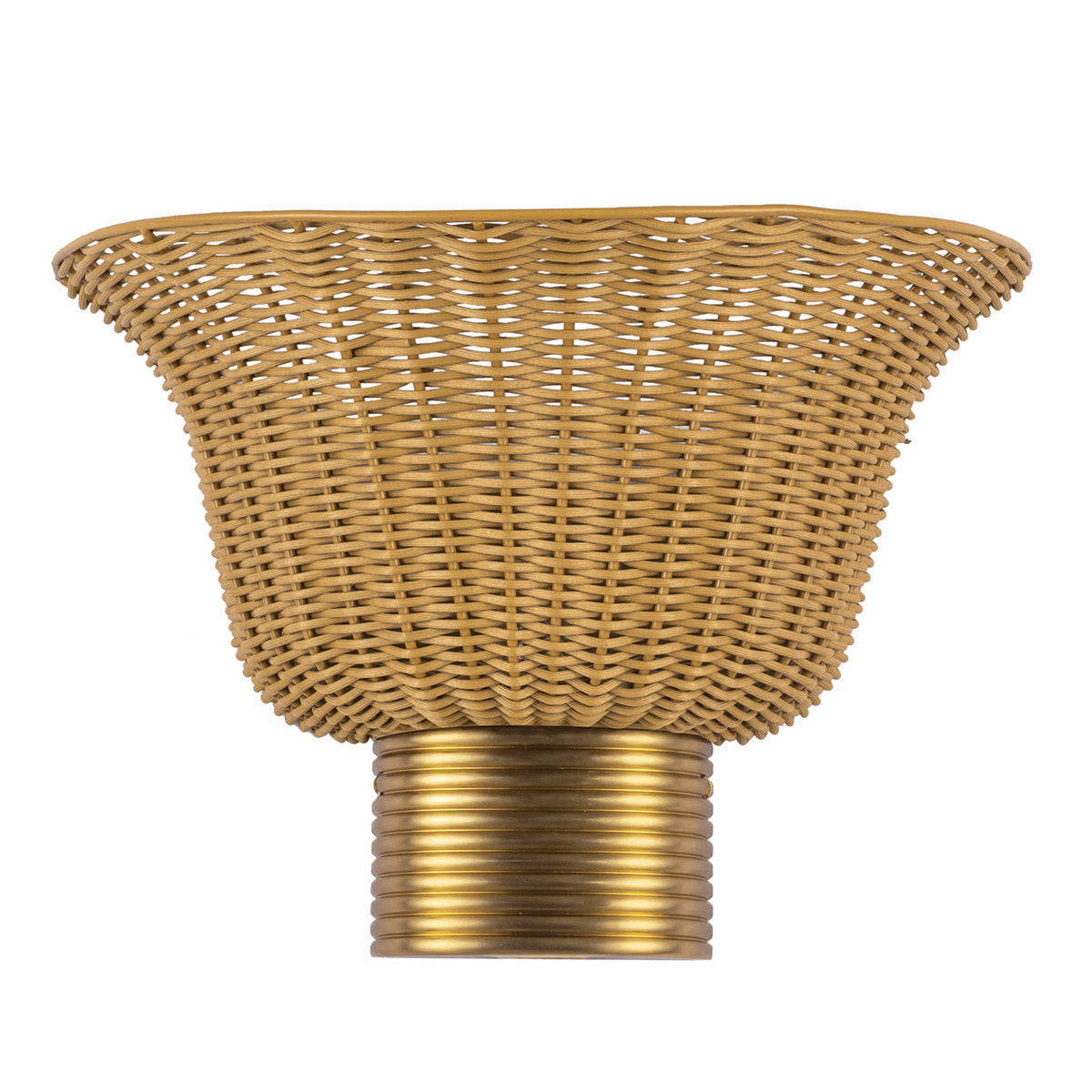 Alora Mood Kai wall light with a faux rattan shade and brushed gold metal base