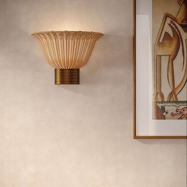 Kai Wall Light Featuring Faux Rattan Shade with Brushed Gold Metalwork
