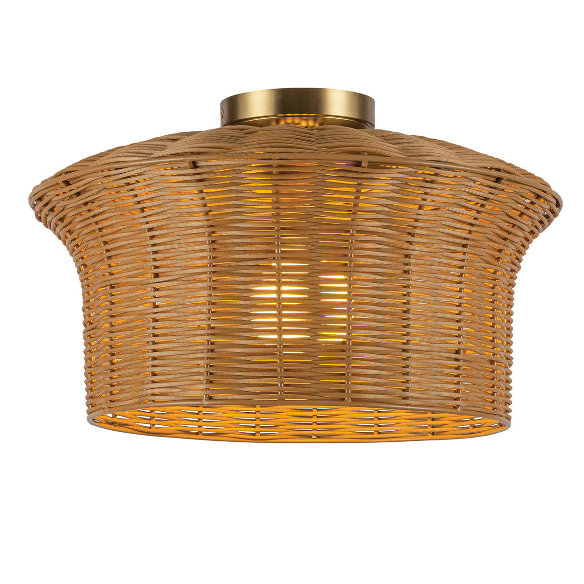 Kai Flush Ceiling Light Featuring Faux Rattan Shade with Brushed Gold Metalwork