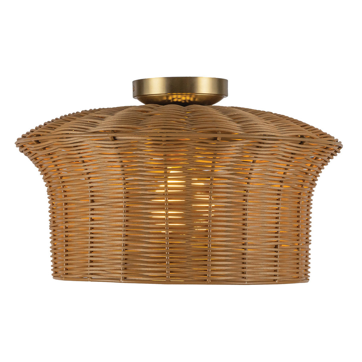 Alora Mood Kai flush ceiling light with faux rattan shade and brushed gold metalwork