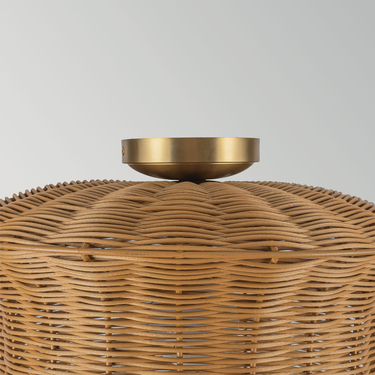 Alora Mood Kai flush ceiling light with faux rattan shade and brushed gold metal canopy