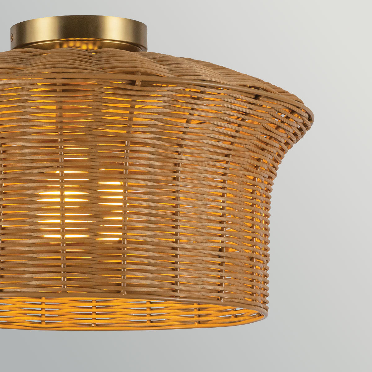Kai Flush Ceiling Light Featuring Faux Rattan Shade with Brushed Gold Metalwork