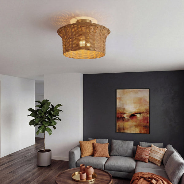 Kai Flush Ceiling Light Featuring Faux Rattan Shade with Brushed Gold Metalwork