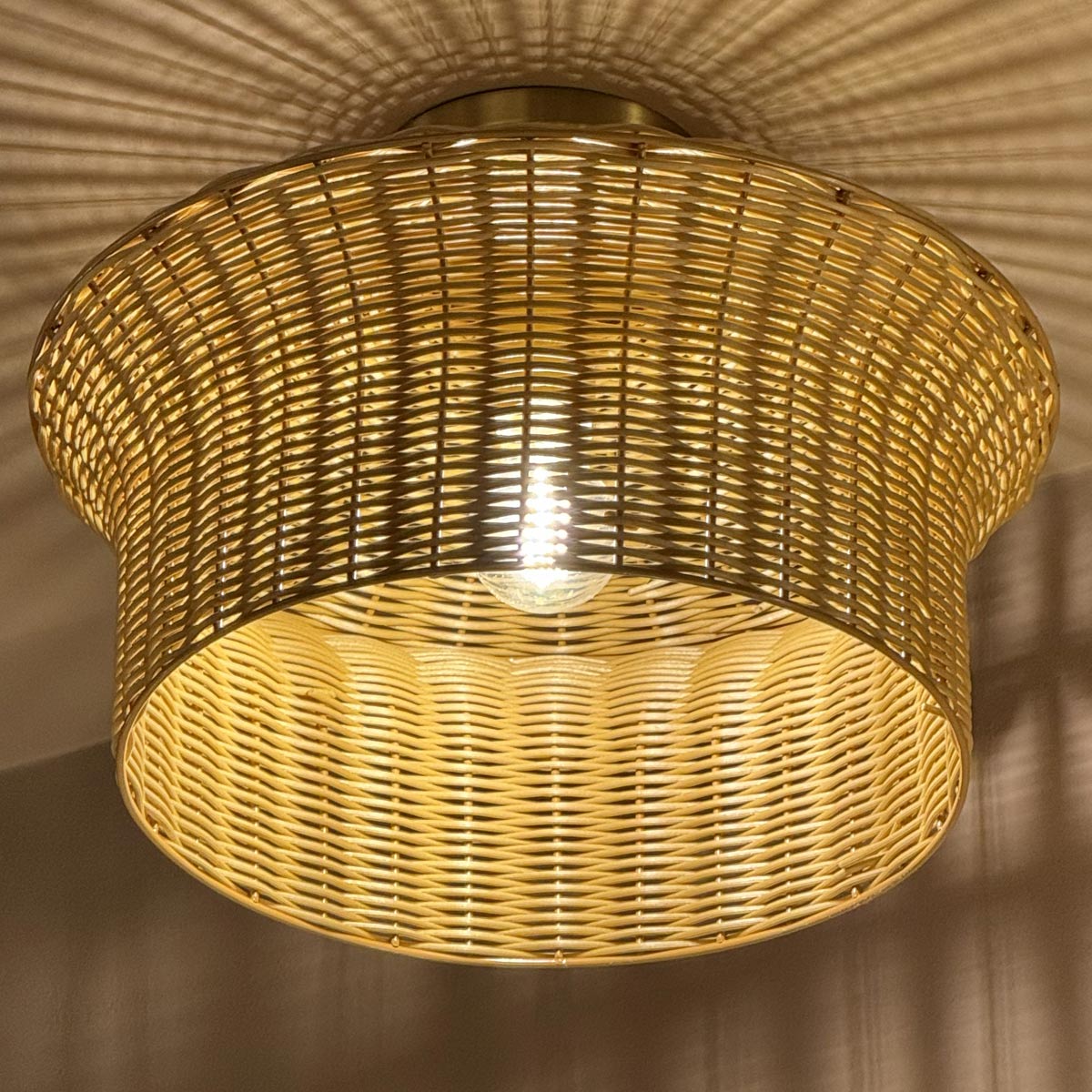 Kai Flush Ceiling Light Featuring Faux Rattan Shade with Brushed Gold Metalwork