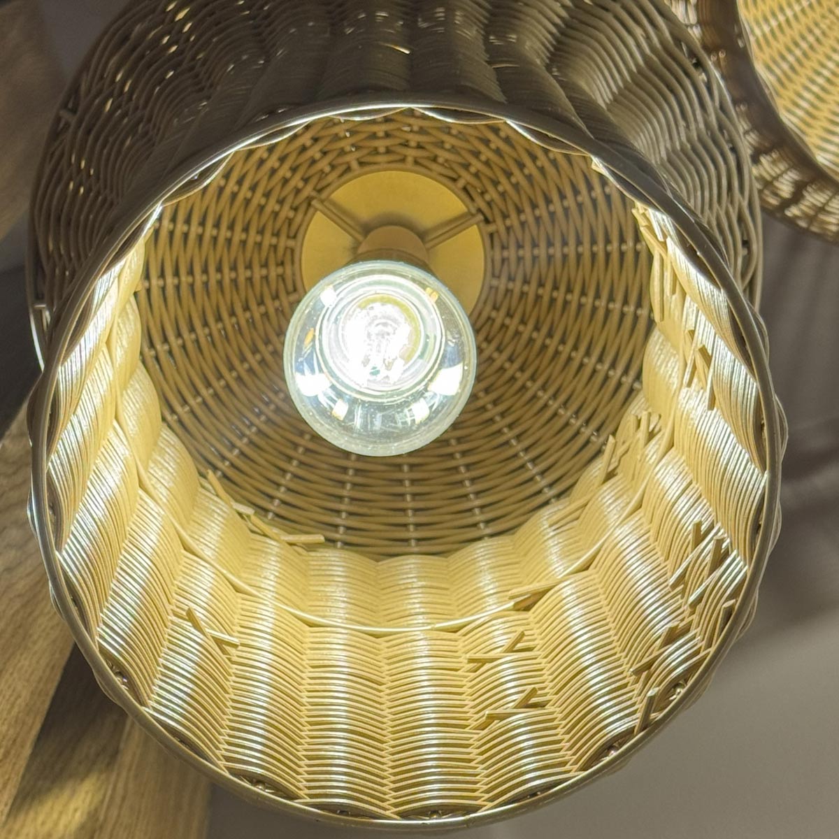 Alora Mood Kai small pendant light with faux rattan shade and brushed gold metalwork
