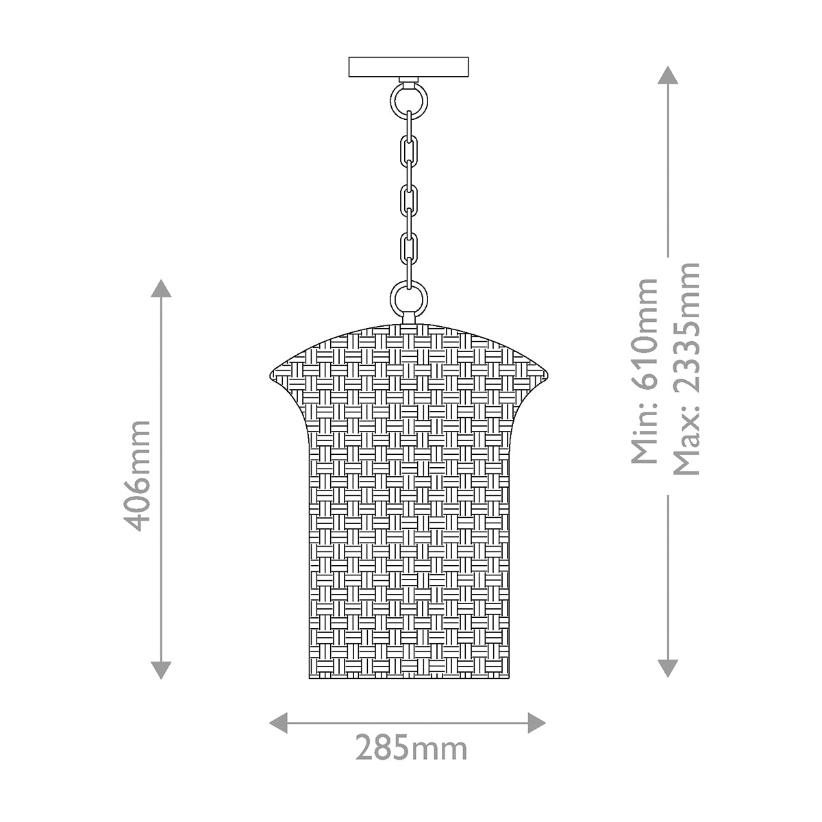 Dimension diagram of Alora Mood Kai Small Pendant with faux rattan shade and brushed gold metalwork