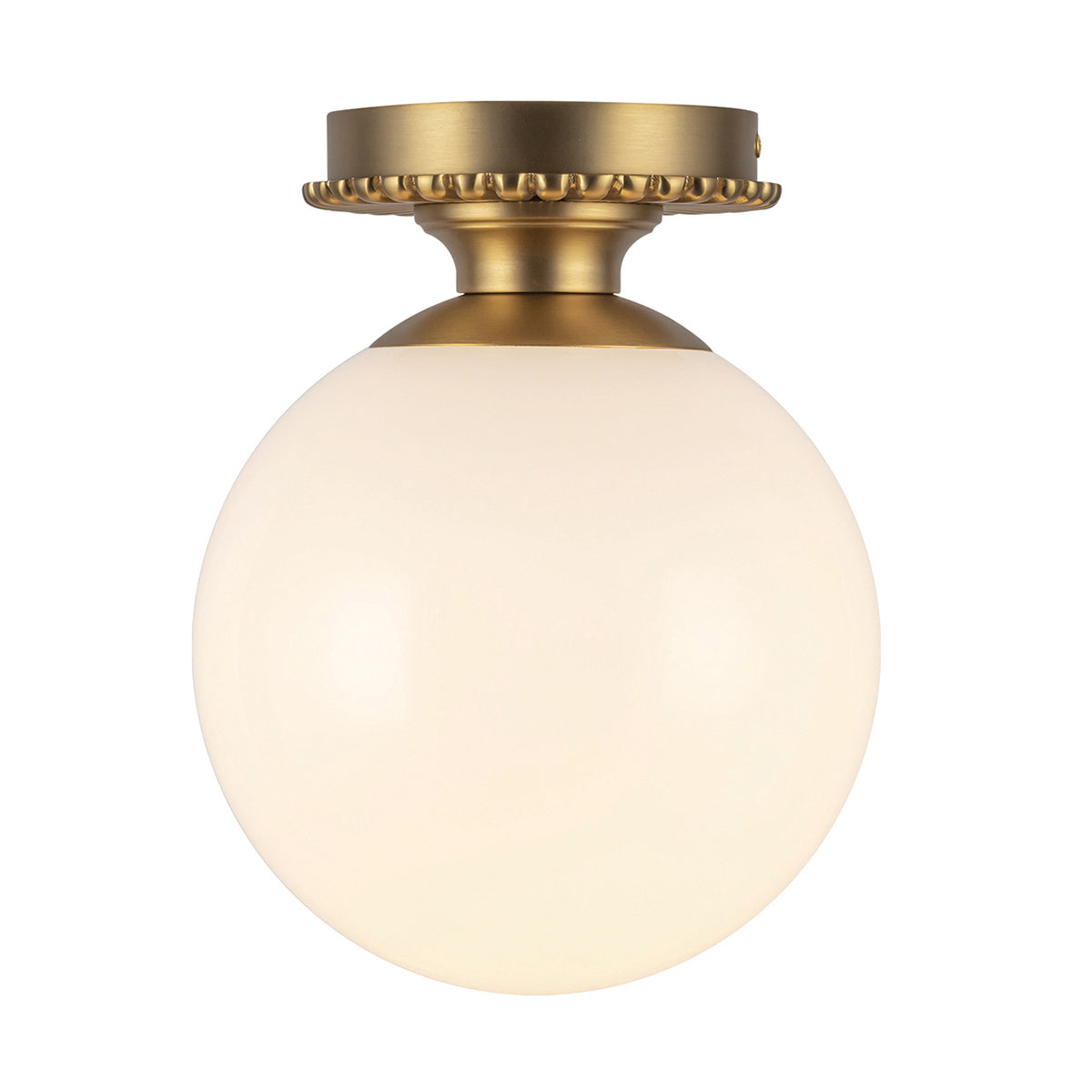 Otis IP44 Ceiling Light in Brushed Gold with Shiny Opal Glass Globe Diffuser