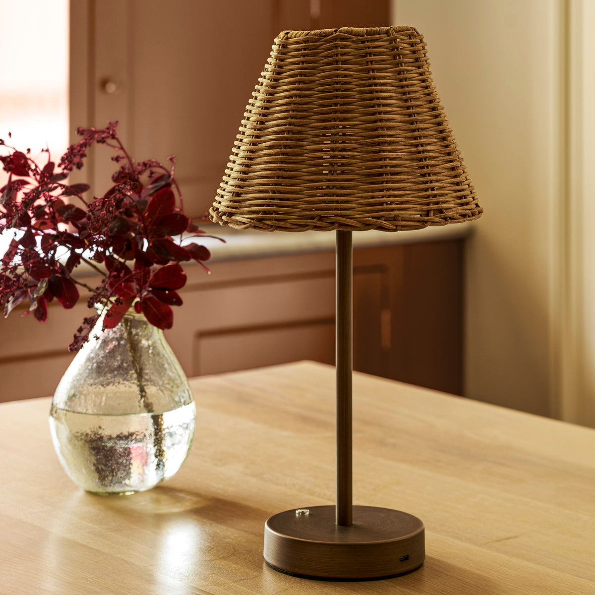 Burleigh Rechargeable Bronze Table Lamp With Rattan Shade