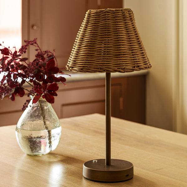 Burleigh Rechargeable Bronze Table Lamp With Rattan Shade