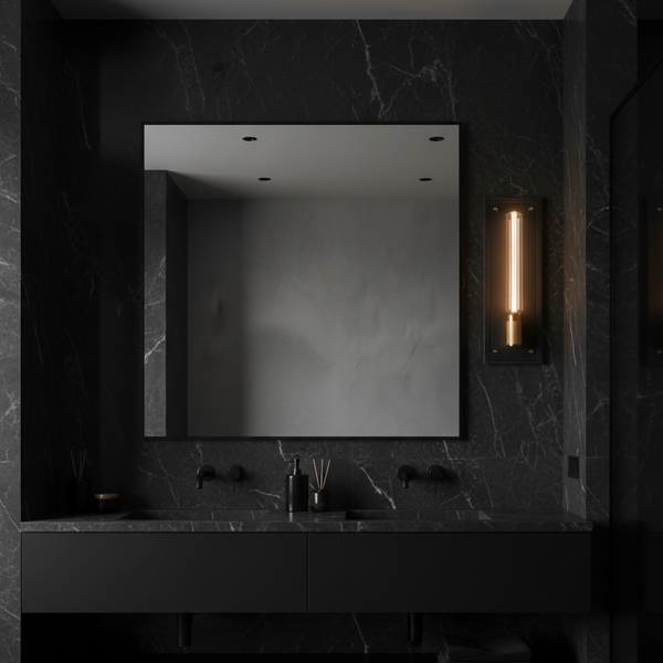 Modern bathroom with black marble walls, large mirror, and black double vanity with two sinks