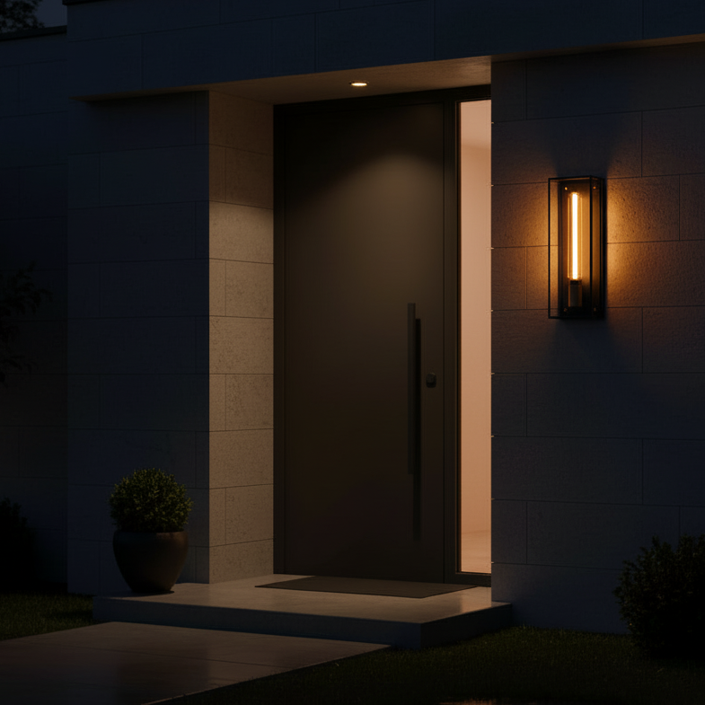 Modern home exterior at night with a black front door and a glowing vertical wall sconce