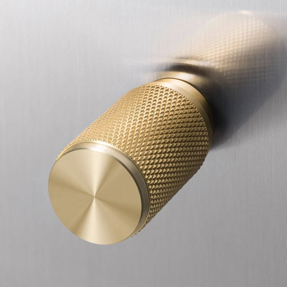 Two Gang 2 Way Dimmer Light Switch in Steel with Brass Cross Cut Knurled Knob