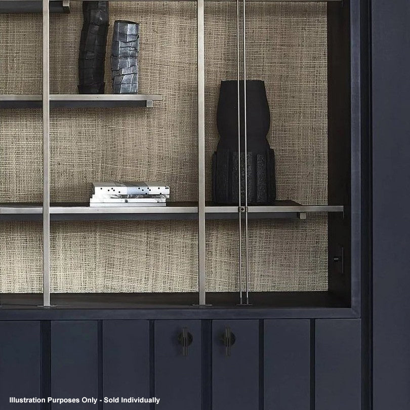 Dark blue display cabinet with shelves, black vases, and books against a textured beige background