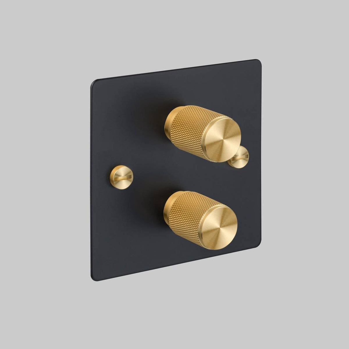 Two Gang 2 Way Dimmer Light Switch in Black with Brass Cross Cut Knurled Knob