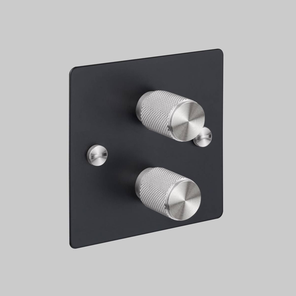 Two Gang 2 Way Dimmer Light Switch in Black with Steel Cross Cut Knurled Knob