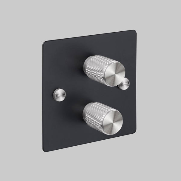 Two Gang 2 Way Dimmer Light Switch in Black with Steel Cross Cut Knurled Knob