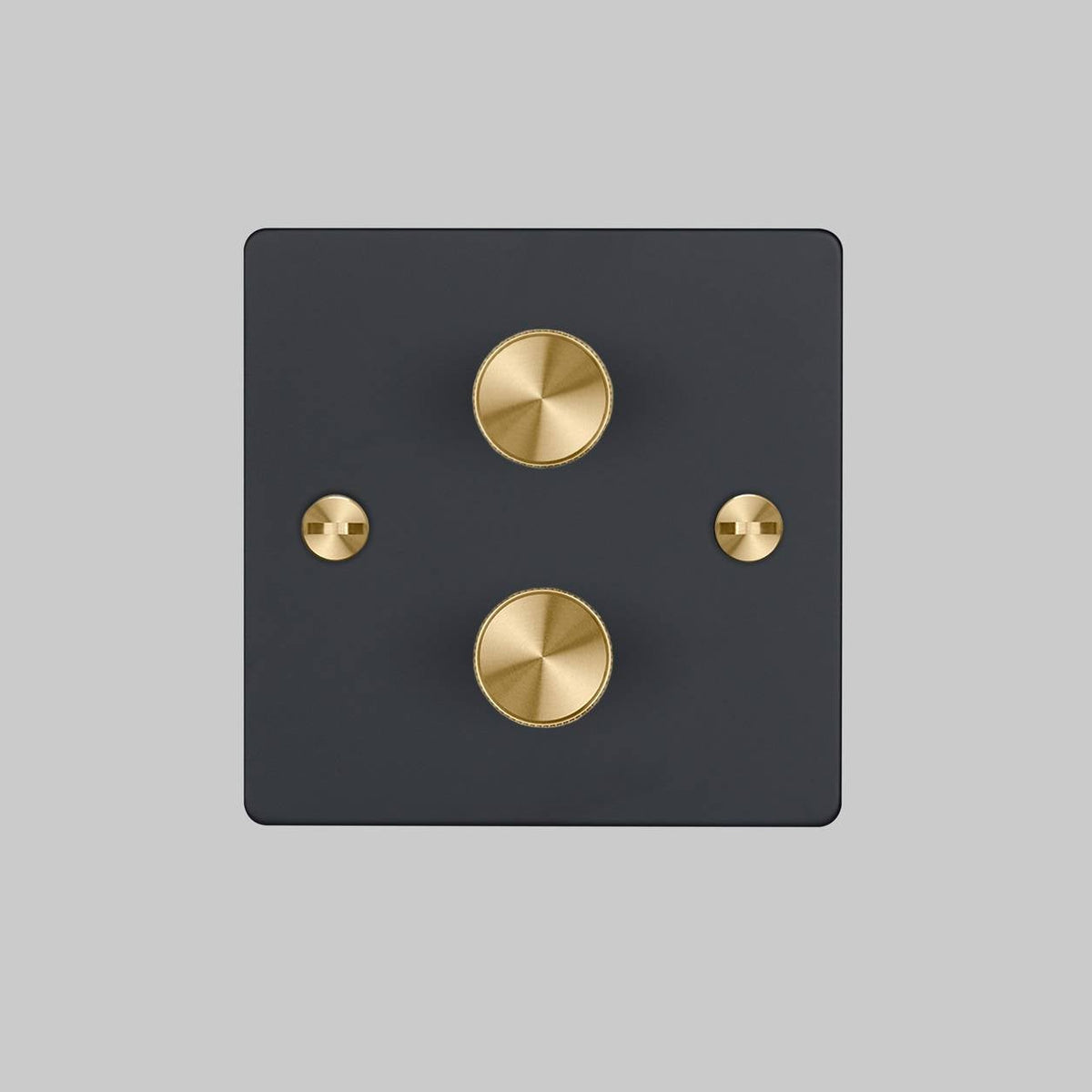 Two Gang 2 Way Dimmer Light Switch in Black with Brass Cross Cut Knurled Knob