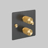 Two Gang 2 Way Dimmer Light Switch in Smoked Bronze with Brass Cross Cut Knurled Knob