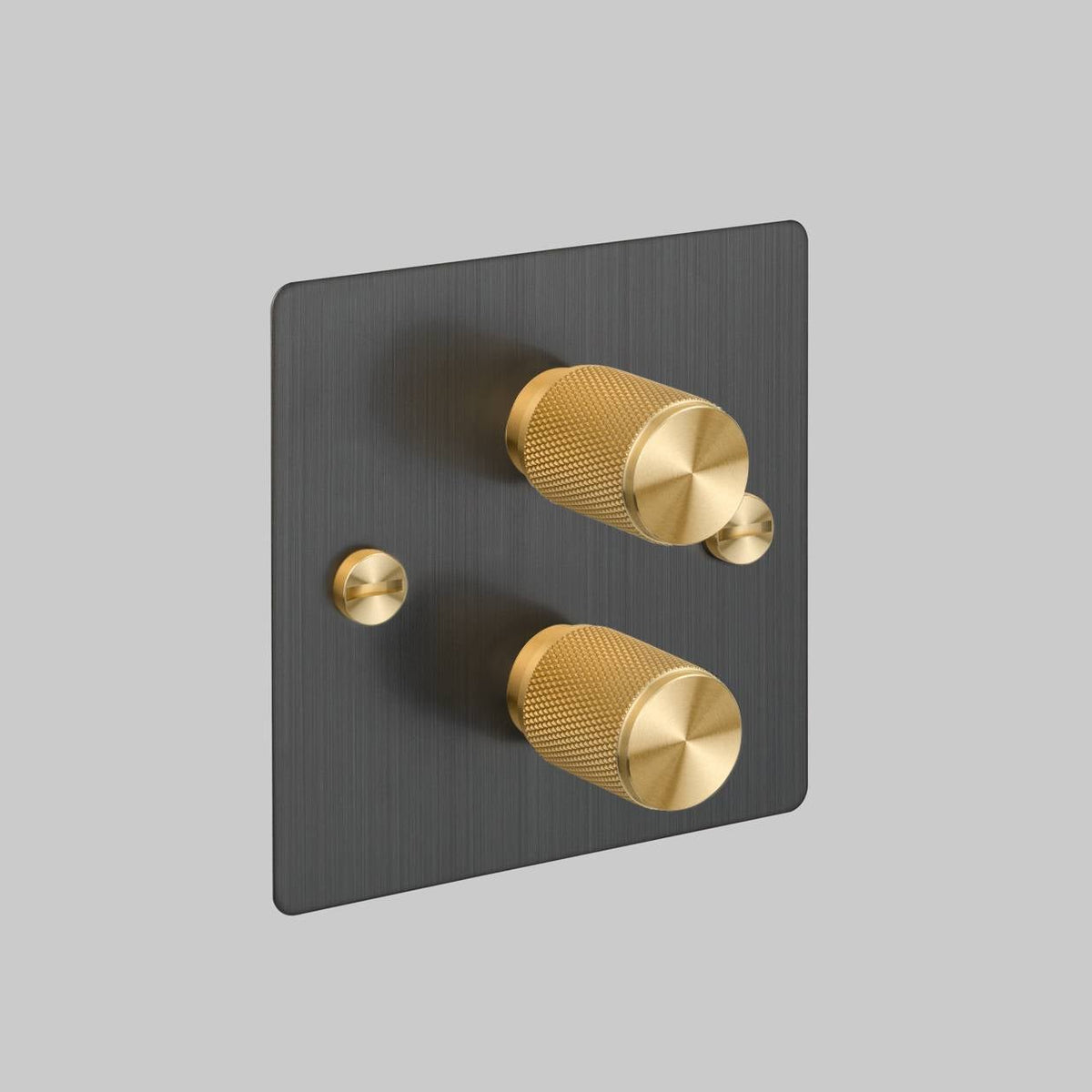 Two Gang 2 Way Dimmer Light Switch in Smoked Bronze with Brass Cross Cut Knurled Knob