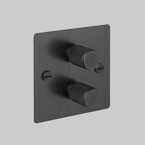 Brushed black 2-gang dimmer switch with two round knurled knobs