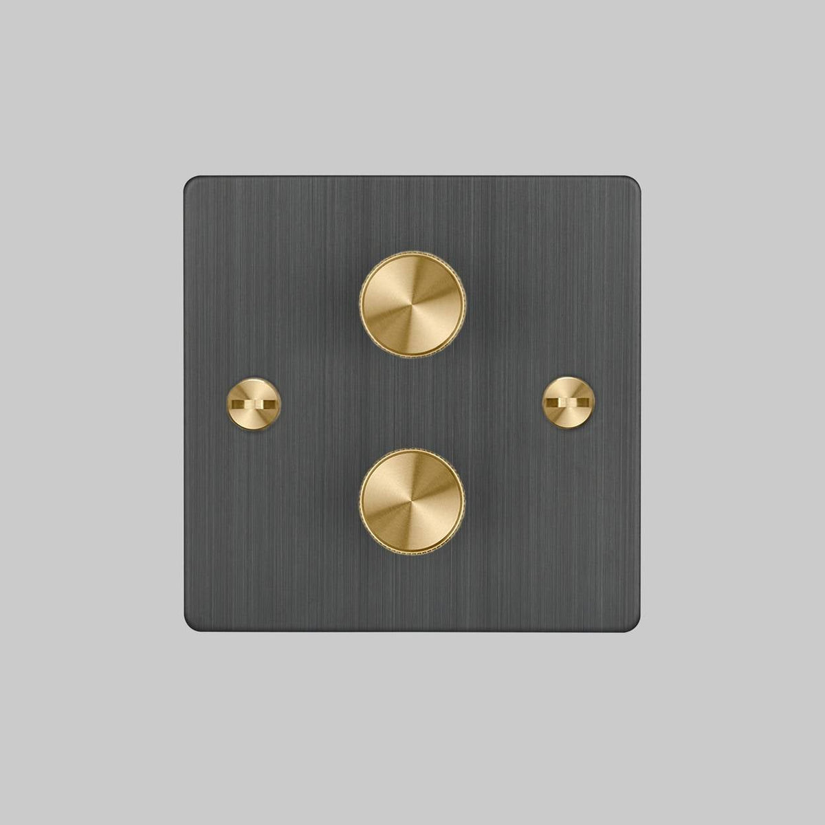 Two Gang 2 Way Dimmer Light Switch in Smoked Bronze with Brass Cross Cut Knurled Knob