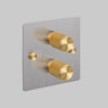 Two Gang 2 Way Dimmer Light Switch in Steel with Brass Cross Cut Knurled Knob