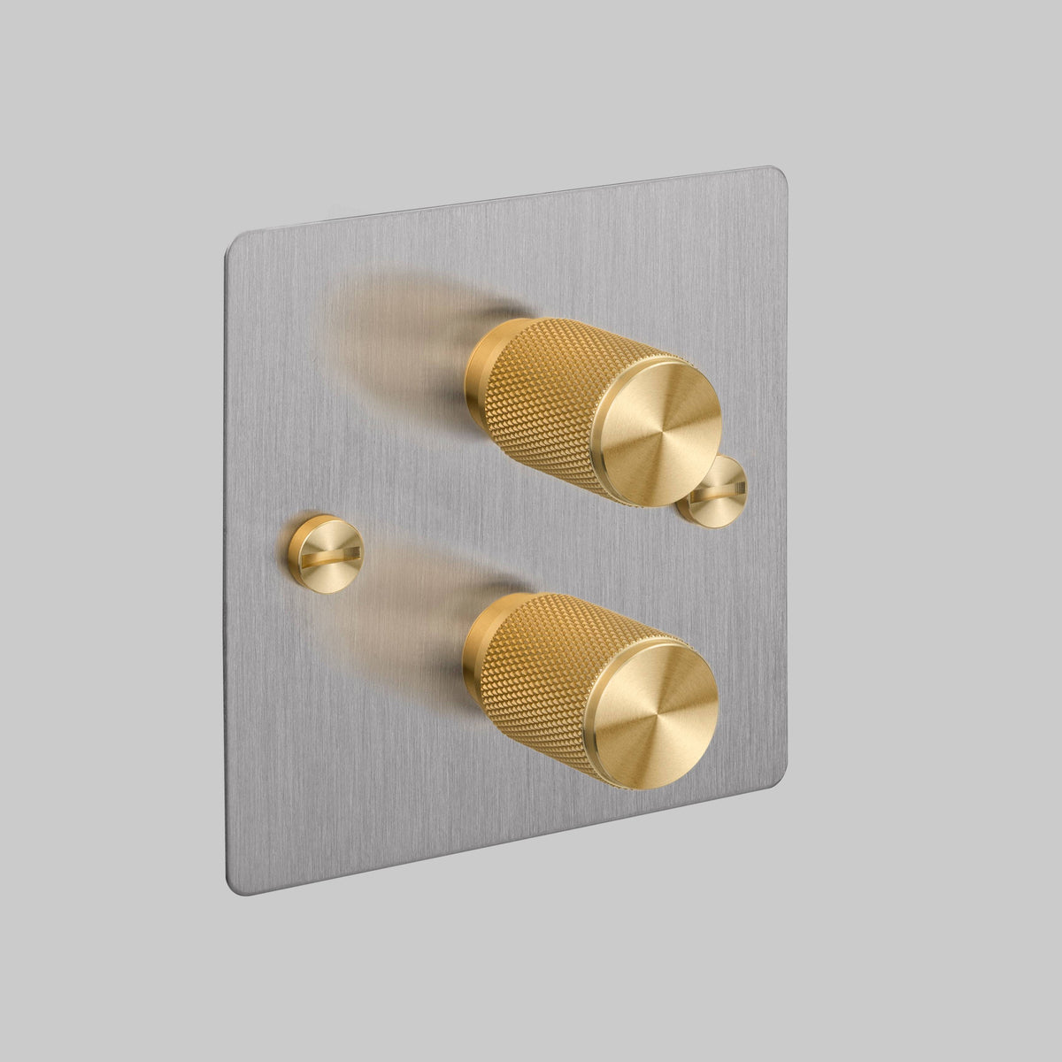Two Gang 2 Way Dimmer Light Switch in Steel with Brass Cross Cut Knurled Knob