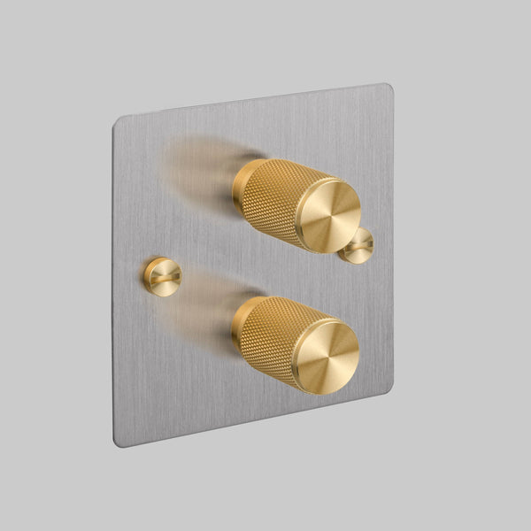 Two Gang 2 Way Dimmer Light Switch in Steel with Brass Cross Cut Knurled Knob