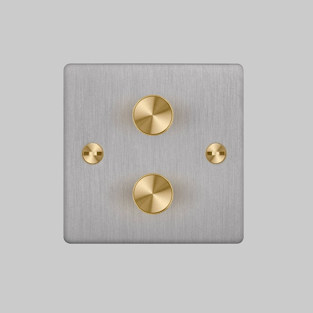 Two Gang 2 Way Dimmer Light Switch in Steel with Brass Cross Cut Knurled Knob