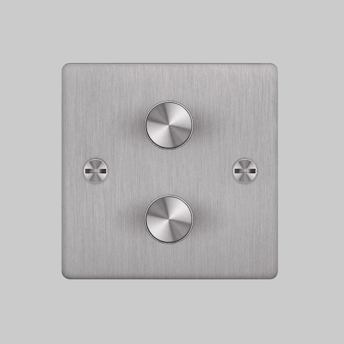 Brushed stainless steel double dimmer switch with two round knobs and two flathead screws