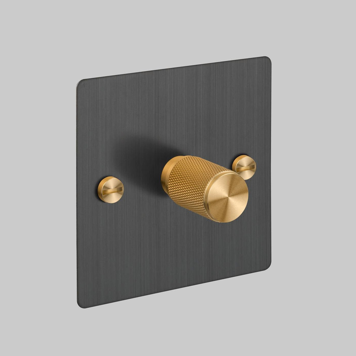 One Gang 2 Way Dimmer Light Switch in Smoked Bronze with Brass Cross Cut Knurled Knob
