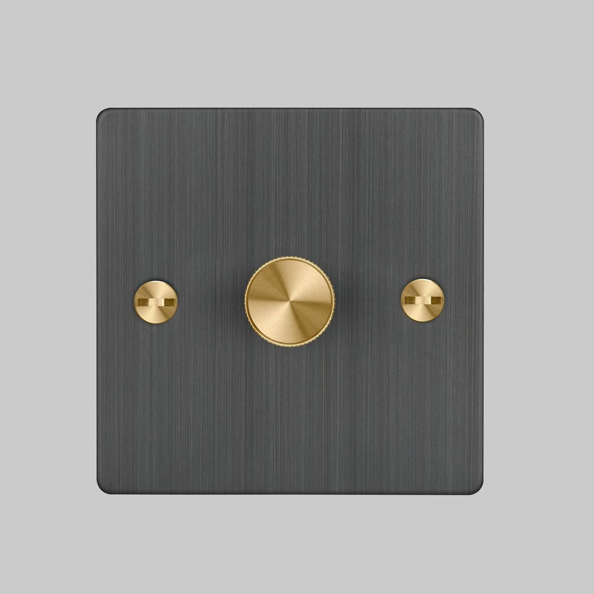 One Gang 2 Way Dimmer Light Switch in Smoked Bronze with Brass Cross Cut Knurled Knob