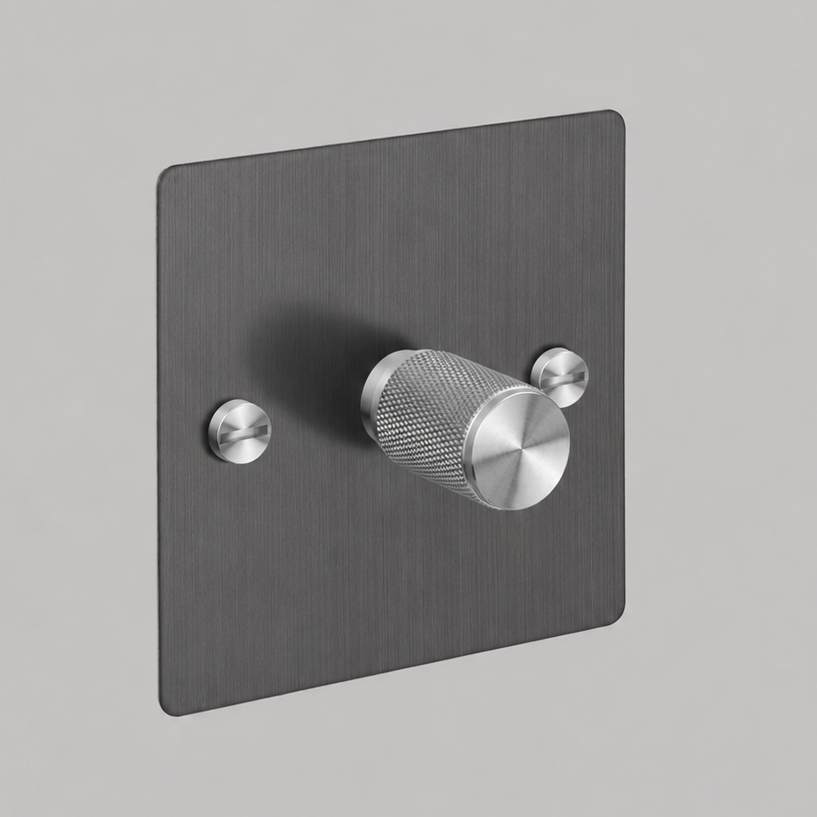 One Gang 2 Way Dimmer Light Switch in Smoked Bronze with Steel Cross Cut Knurled Knob