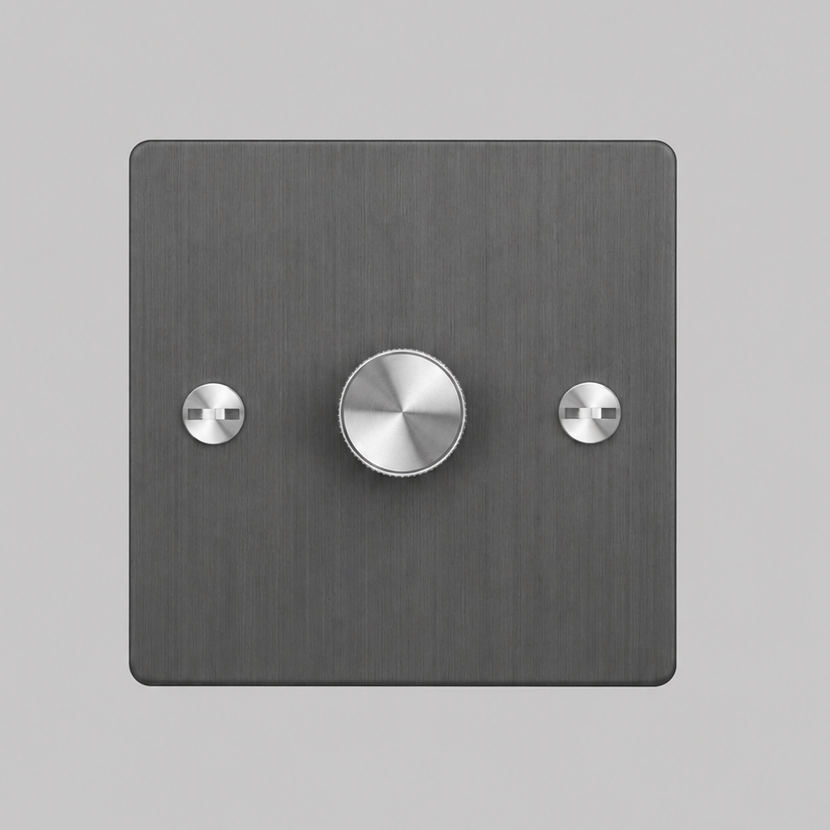 One Gang 2 Way Dimmer Light Switch in Smoked Bronze with Steel Cross Cut Knurled Knob