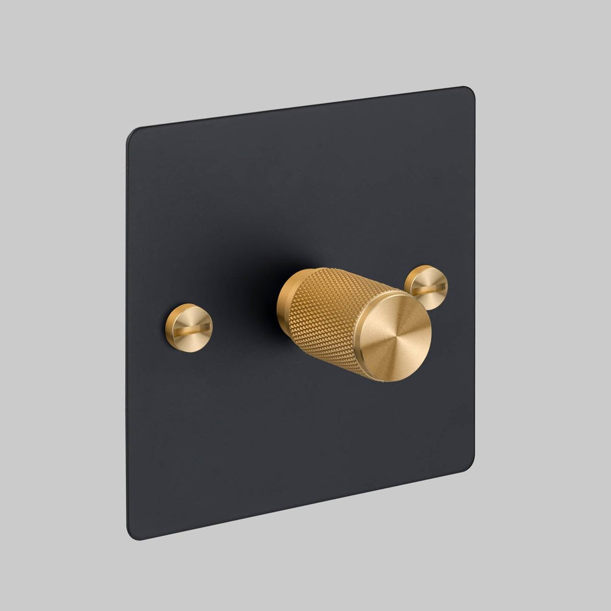 One Gang 2 Way Dimmer Light Switch in Black with Brass Cross Cut Knurled Knob